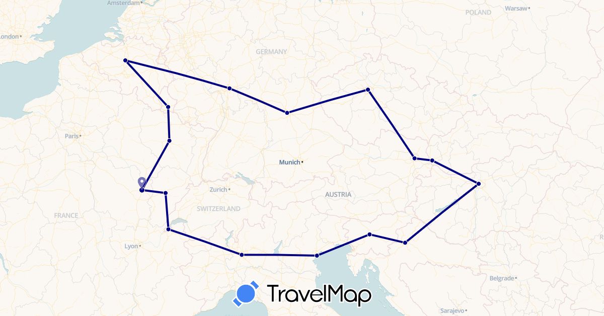 TravelMap itinerary: driving in Austria, Belgium, Switzerland, Czech Republic, Germany, France, Croatia, Hungary, Italy, Luxembourg, Slovenia, Slovakia (Europe)