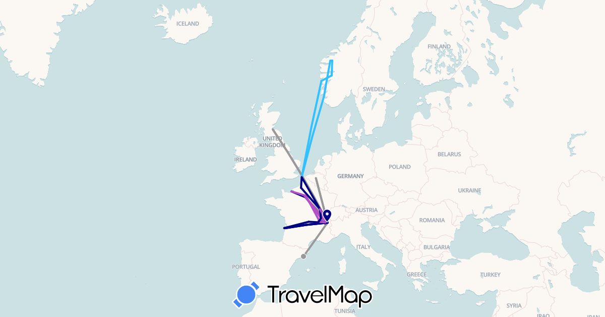 TravelMap itinerary: driving, plane, train, hiking, boat in Belgium, Switzerland, Spain, France, United Kingdom, Norway (Europe)